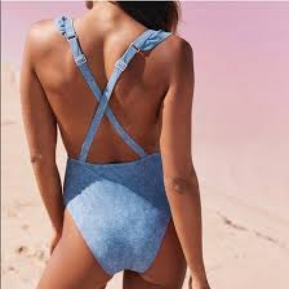 New Aerie Denim Overall Ruffle One Piece Swimsuit - Picture 2 of 8